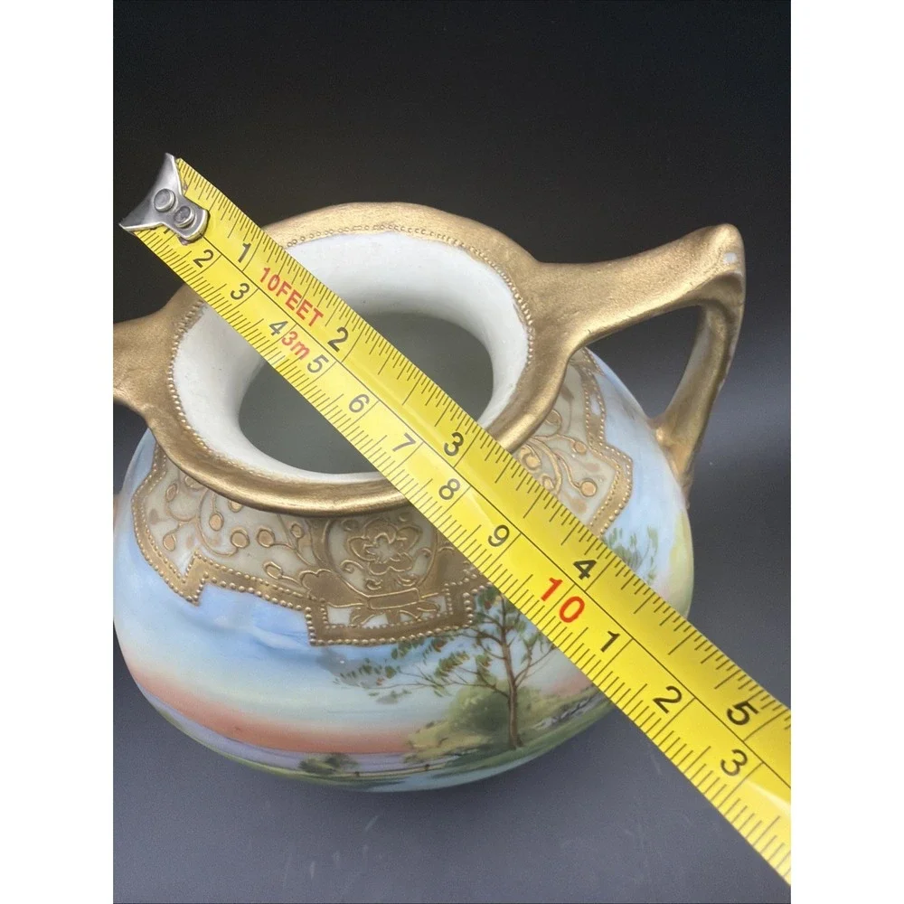 Antique Hand Painted Nippon Porcelain Landscape Vase Double Handle Gold Gilt 8